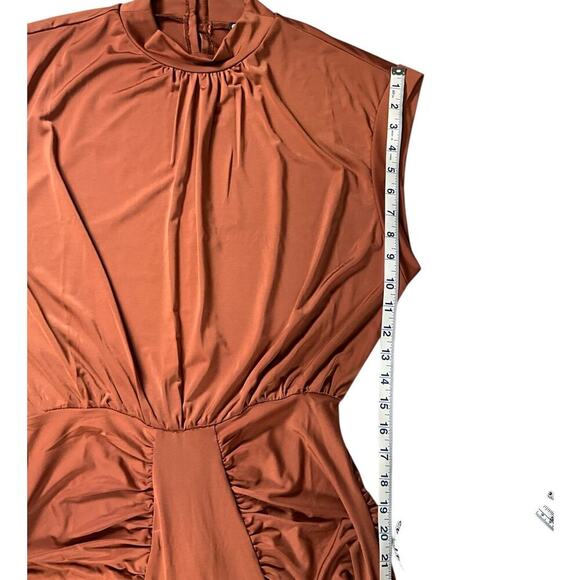 Revolve Krisa Dress Medium Mockneck Midi Slit on Leg Elegant Open Back Brown - Picture 12 of 13